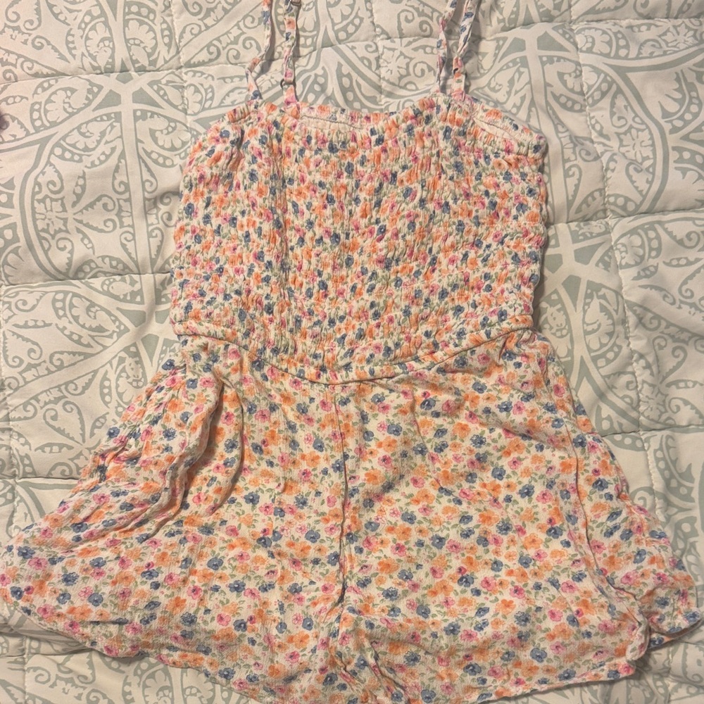 abercrombie kids Floral Smocked Romper in White with Pink, Orange & Blue Flowers